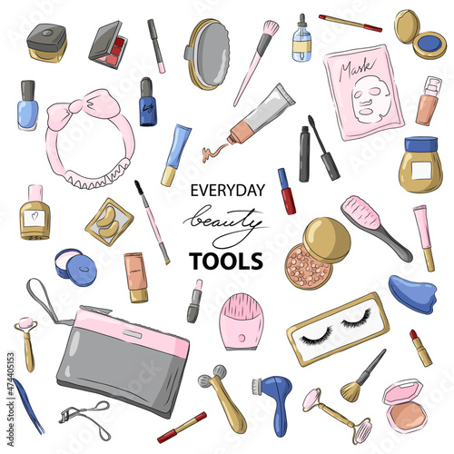 Makeup, face care beauty tools and equipment set. Sketch of cosmetics products. Brushes, lipstick, eye pencil, jade roller, powder palette hand drawn illustration isolated on white background