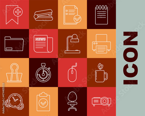 Set line Presentation, movie, film, media projector, Cup of tea and leaf, Printer, Document check mark, News, folder, Bookmark and Table lamp icon. Vector