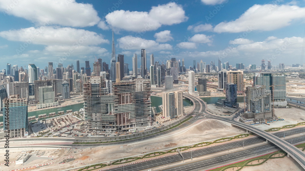 Panorama showing skyline of Dubai with business bay and downtown district timelapse. Panorama showing skyline of Dubai with business bay and downtown district timelapse.