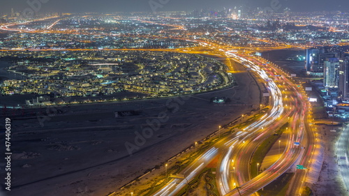 Photography Aerial view of Al Khail road busy traffic near business bay district night timel