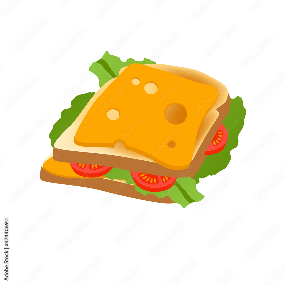 Sandwich with cheese, fresh green salad and vegetables. Breakfast, delicious start to the day. Vector illustration flat isolated on white. Sandwich with cheese, fresh green salad and vegetables. Breakfast, delicious start to the day. Vector illustration flat isolated on white.