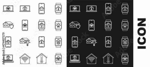 Set line Smart watch with smart home with wi-fi, house and alarm, Mobile phone under protection, House, Laptop and light bulb icon. Vector
