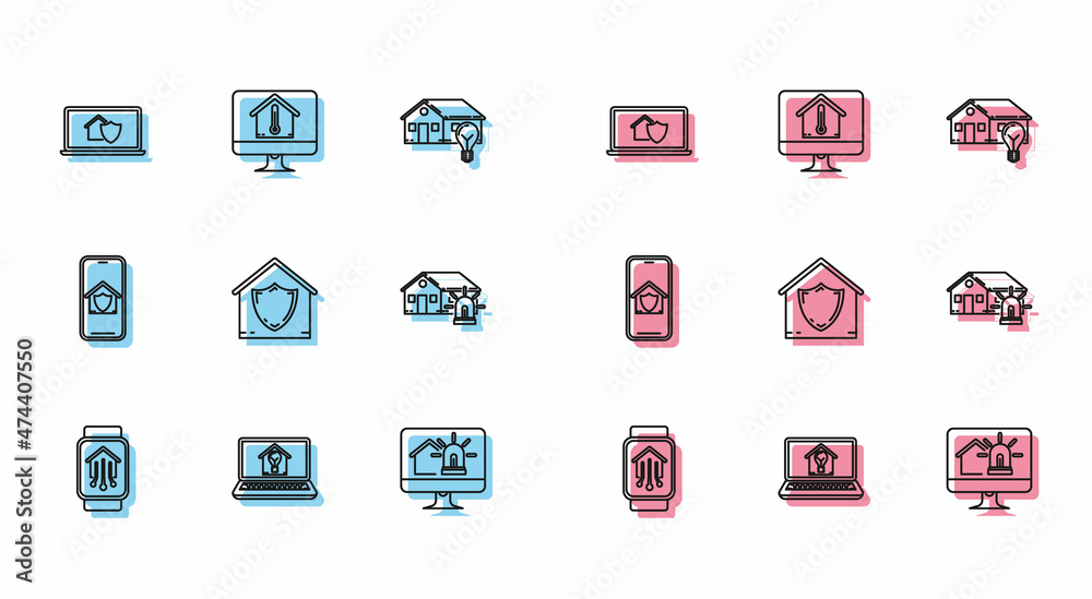 Set line Smart home with smart watch, Laptop house and light bulb, under protection, Computer monitor alarm, House, Mobile phone and temperature icon. Vector Set line Smart home with smart watch, Laptop house and light bulb, under protection, Computer monitor alarm, House, Mobile phone and temperature icon. Vector