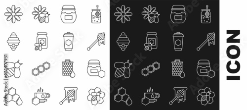 Set line Bee and honeycomb, Jar of, Honey dipper stick with dripping, bee, Hive for bees, Flower and Cup tea icon. Vector
