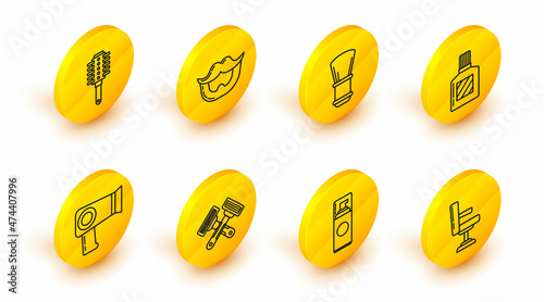 Set line Barbershop chair, Shaving gel foam, Crossed shaving razor, Hair dryer, Aftershave, brush, Mustache and beard and Hairbrush icon. Vector