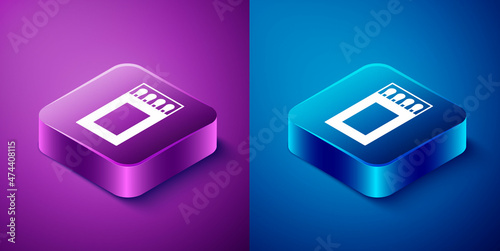 Isometric Open matchbox and matches icon isolated on blue and purple background. Square button. Vector