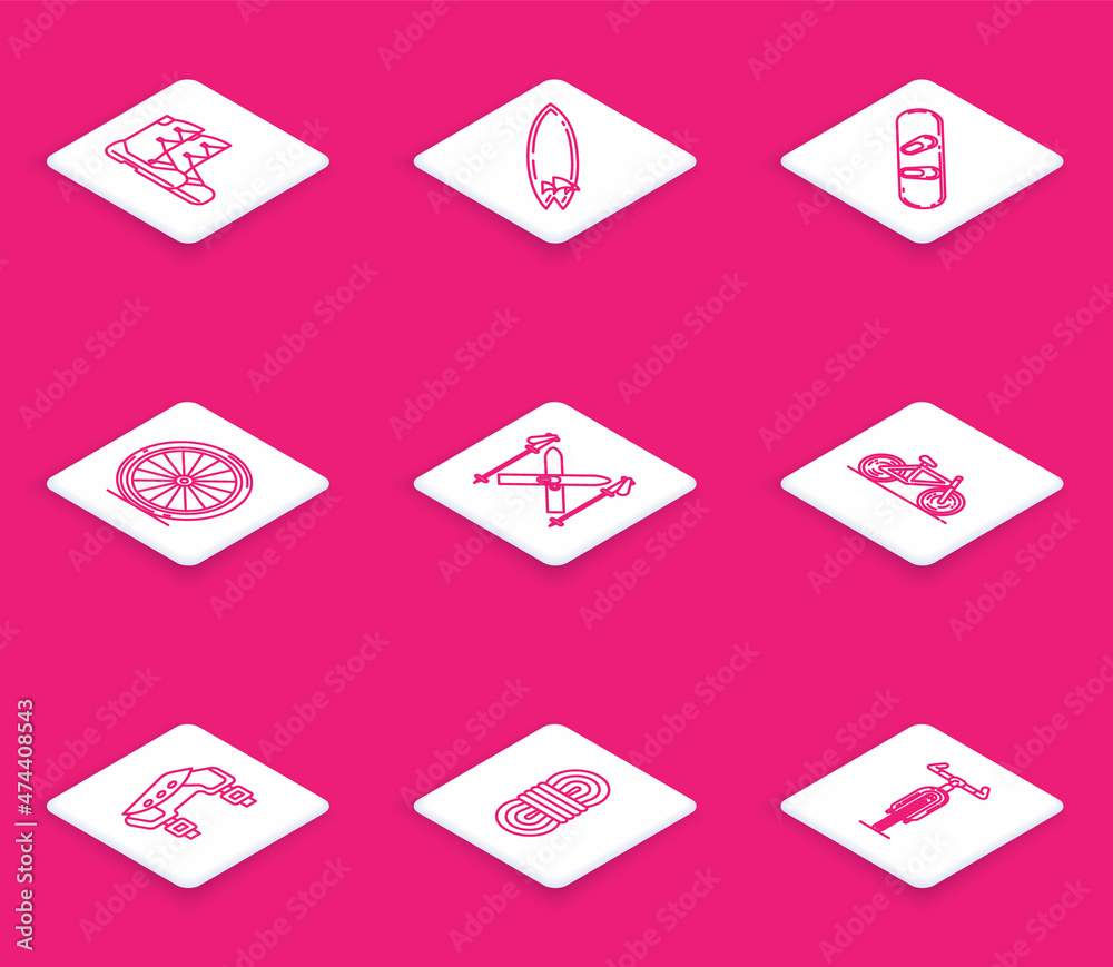 Set line Boots, Surfboard, Snowboard, Bicycle wheel, Ski and sticks, Knee pads and Climber rope icon. Vector Set line Boots, Surfboard, Snowboard, Bicycle wheel, Ski and sticks, Knee pads and Climber rope icon. Vector