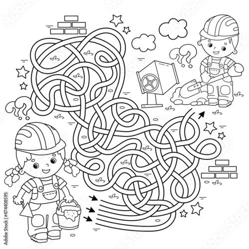Maze or Labyrinth Game. Puzzle. Tangled road. Coloring Page Outline Of cartoon builders with cement mortar and trowel. Construction. Profession. Coloring book for kids.