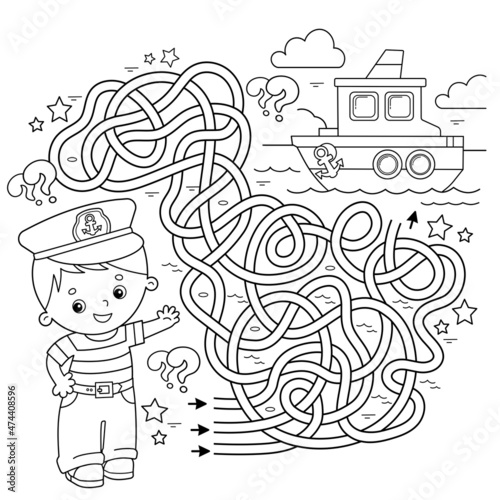 Maze or Labyrinth Game. Puzzle. Tangled road. Coloring Page Outline Of cartoon sailor next to the ship. Profession. Coloring book for kids. Coloring book for kids.