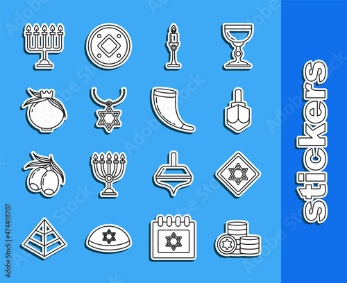 Set line Jewish coin, Star of David, Hanukkah dreidel, Burning candle candlestick, necklace on chain, Pomegranate, menorah and Traditional ram horn, shofar icon. Vector