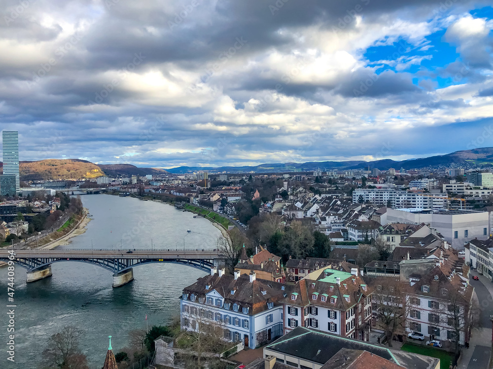 Top view over the city of Basel in Switzerland and River Rhine
