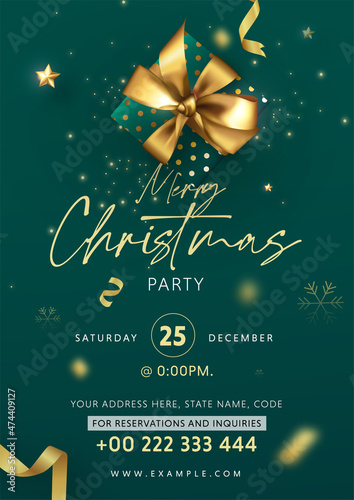 Christmas party invitation card or web banner template with green background