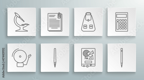 Set line Ringing alarm bell  File document and paper clip  Pen  Board with graph chart  Pencil eraser  School backpack  Calculator and Microscope icon. Vector