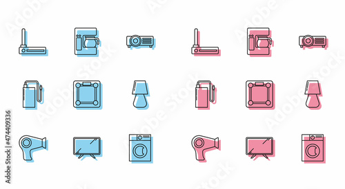 Set line Hair dryer, Smart Tv, Router and wi-fi signal, Washer, Bathroom scales, Table lamp, Power bank with different charge cable and Coffee machine glass pot icon. Vector