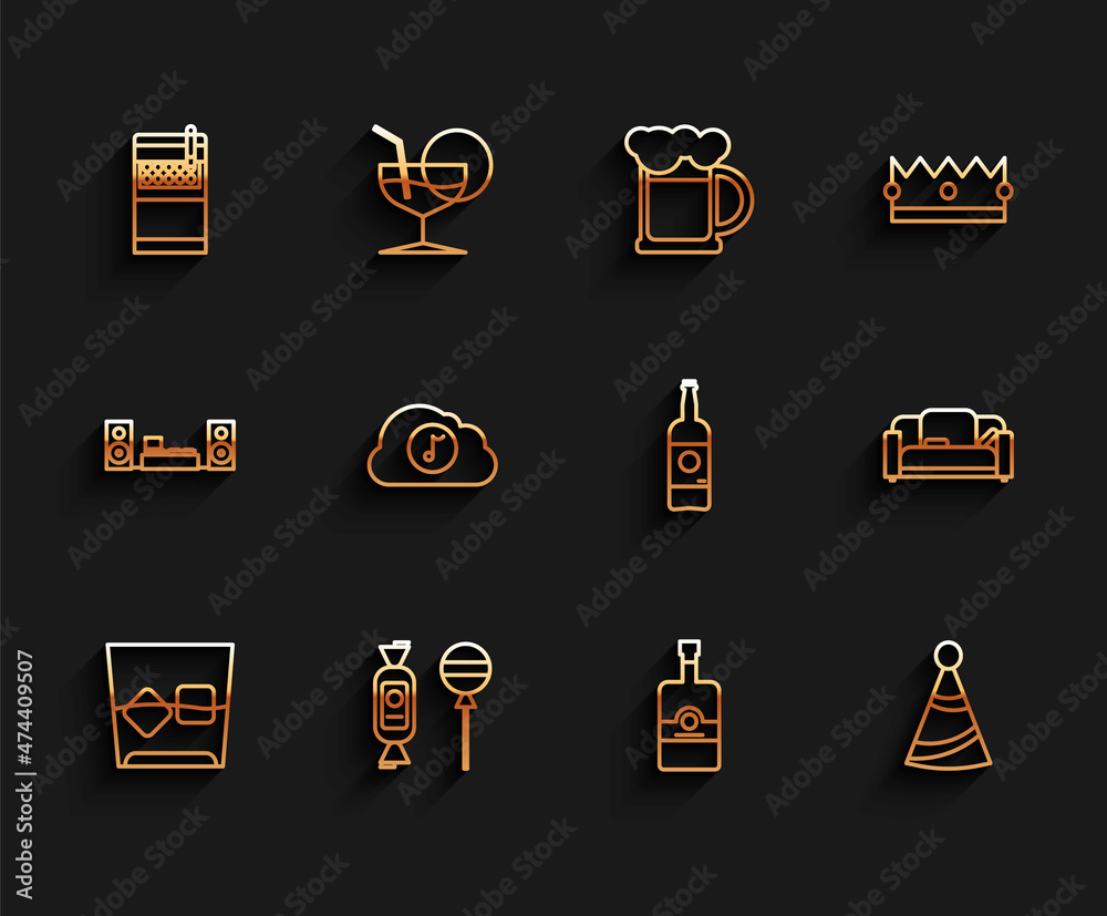 Set line Glass of whiskey and ice cubes, Lollipop, Open cigarettes pack box, Whiskey bottle, Party hat, Music streaming service, Sofa and Beer icon. Vector Set line Glass of whiskey and ice cubes, Lollipop, Open cigarettes pack box, Whiskey bottle, Party hat, Music streaming service, Sofa and Beer icon. Vector