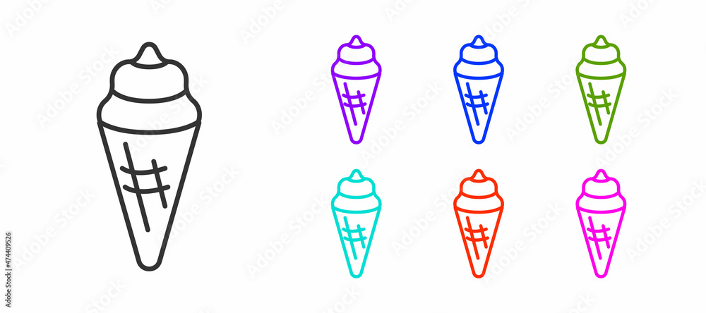 Black line Ice cream in waffle cone icon isolated on white background. Sweet symbol. Set icons colorful. Vector Black line Ice cream in waffle cone icon isolated on white background. Sweet symbol. Set icons colorful. Vector
