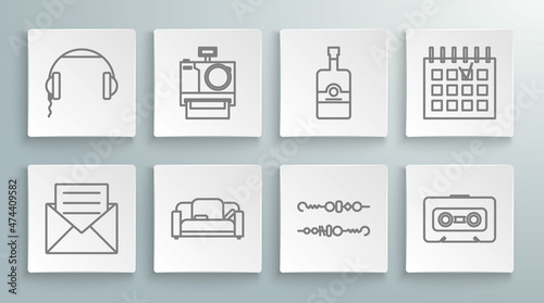 Set line Envelope with invitation card, Photo camera, Sofa, Grilled shish kebab, Retro audio cassette tape, Whiskey bottle, Detailed calendar and Headphones icon. Vector