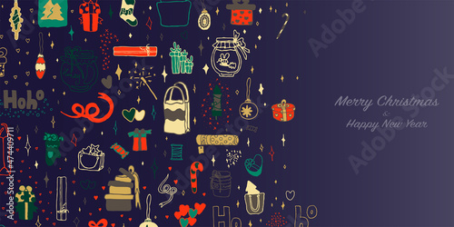 Merry Christmas invitation flyer. Happy New Year card. Doodle art gift boxes, blue background. Holiday things. Presents and package. Glitter, sparks, candy and toys. Vector for xmas postcards and web