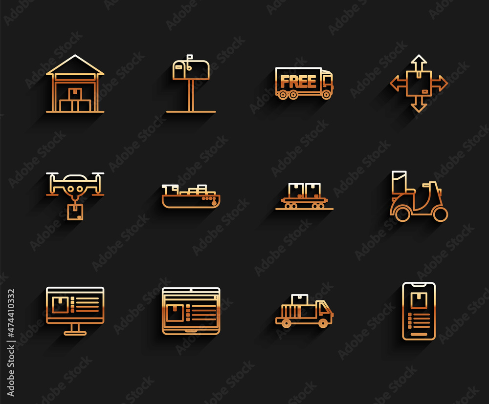 Set line Computer monitor with app delivery tracking, Laptop, Warehouse, Delivery truck cardboard boxes, Mobile phone, Cargo ship service, Scooter and Railway carriage icon. Vector Set line Computer monitor with app delivery tracking, Laptop, Warehouse, Delivery truck cardboard boxes, Mobile phone, Cargo ship service, Scooter and Railway carriage icon. Vector