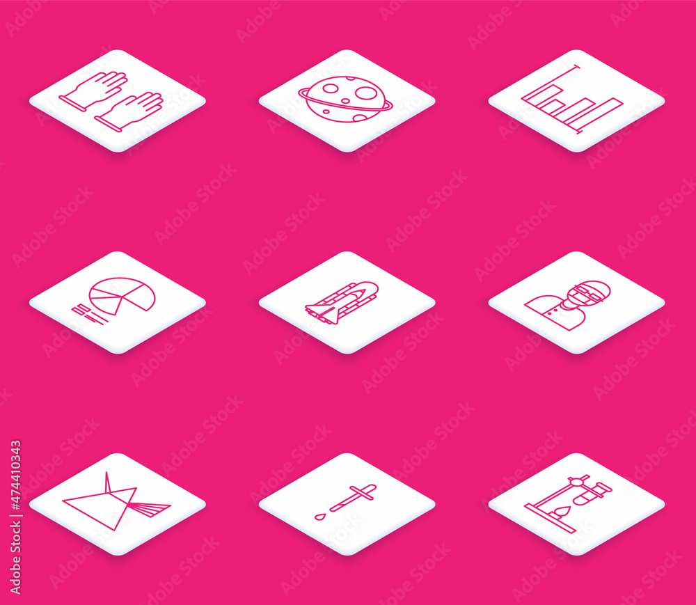 Set line Rubber gloves, Planet, Pie chart infographic, Space shuttle and rockets, Assistant, Light rays prism and Pipette icon. Vector Set line Rubber gloves, Planet, Pie chart infographic, Space shuttle and rockets, Assistant, Light rays prism and Pipette icon. Vector