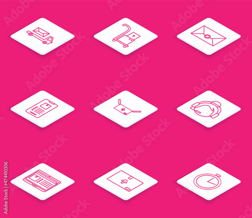 Set line Post truck, Hand and boxes, Envelope, Mobile phone with app delivery tracking, Cardboard traffic symbol, Support operator touch, Laptop and icon. Vector