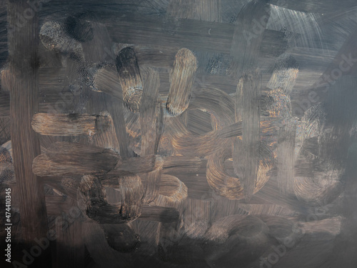 Dirty tablet. Fingerprints form drawings made with dust, moisture and grease marked with fingers on the touchscreen tablet or smartphone screen. Close up.