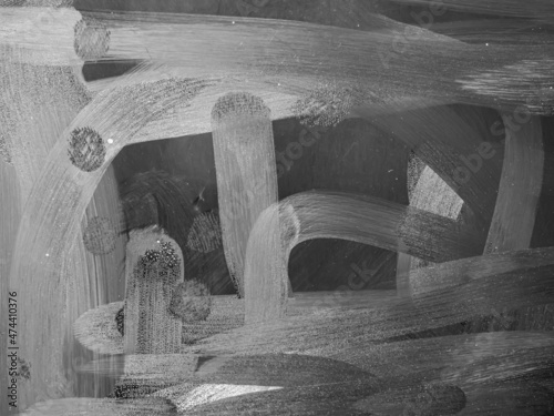 Dirty tablet. Fingerprints form drawings made with dust, moisture and grease marked with fingers on the touchscreen tablet or smartphone screen. Close up.