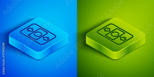 Isometric line Fire alarm system icon isolated on blue and green background. Pull danger fire safety box. Square button. Vector