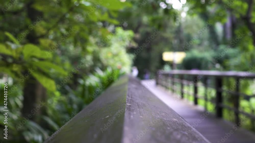 Wooden bridge in the park. There are pedestrians passing by. Wooden bridge in the park. There are pedestrians passing by.