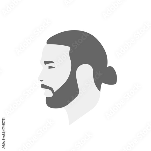 Man profile face icon, hipster freelancer portrait logo. Head hair, bread, and mustache. Minimalistic flat silhouette. Vector illustration.