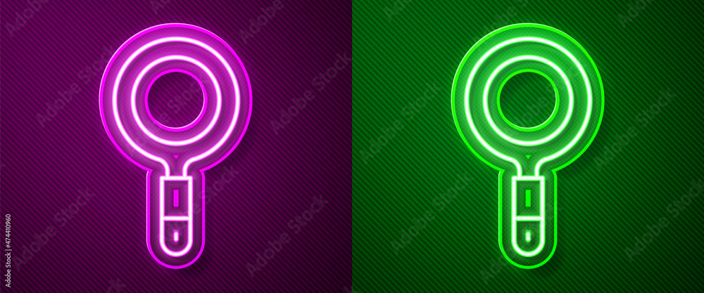 Glowing neon line Magnifying glass icon isolated on purple and green background. Search, focus, zoom, business symbol. Vector Glowing neon line Magnifying glass icon isolated on purple and green background. Search, focus, zoom, business symbol. Vector