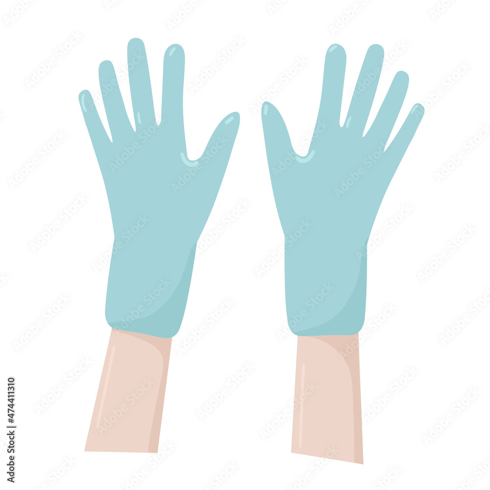 Vector latex rubber gloves on hands in flat design. For the concept of epidemic prevention or antibacterial, disinfection, sterile, home. Sign and icon template