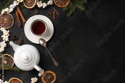 Christmas tea party on dark background with copy space