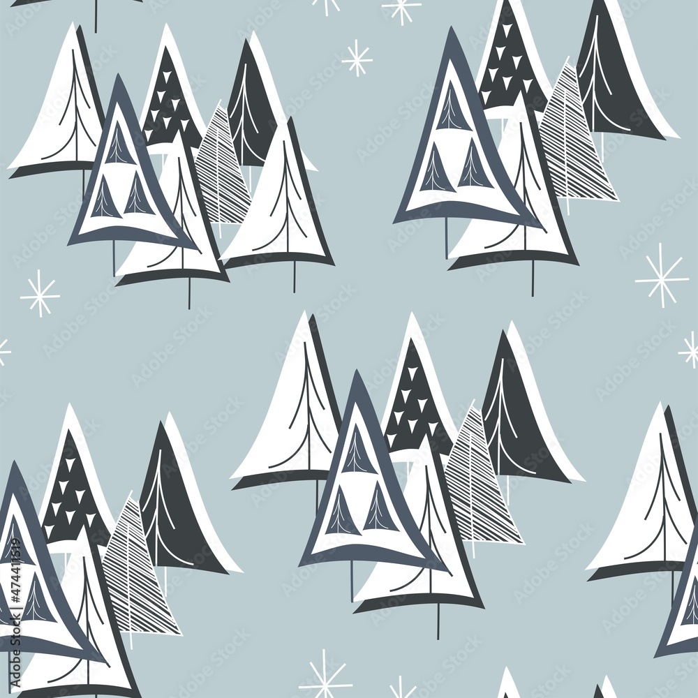 Vector. Hand-drawn seamless Christmas pattern, linear perforated Christmas tree on a blue background. Design templates for typographic products. Minimalism for branding, cover, postcard, wrapping. Vector. Hand-drawn seamless Christmas pattern, linear perforated Christmas tree on a blue background. Design templates for typographic products. Minimalism for branding, cover, postcard, wrapping.
