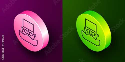 Isometric line Ancient viking scandinavian drakkar icon isolated on purple and green background. Viking transport ship. Circle button. Vector