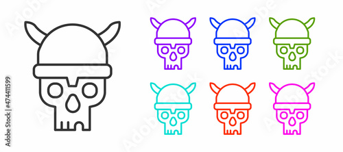 Black line Skull with viking helmet icon isolated on white background. Happy Halloween party. Set icons colorful. Vector