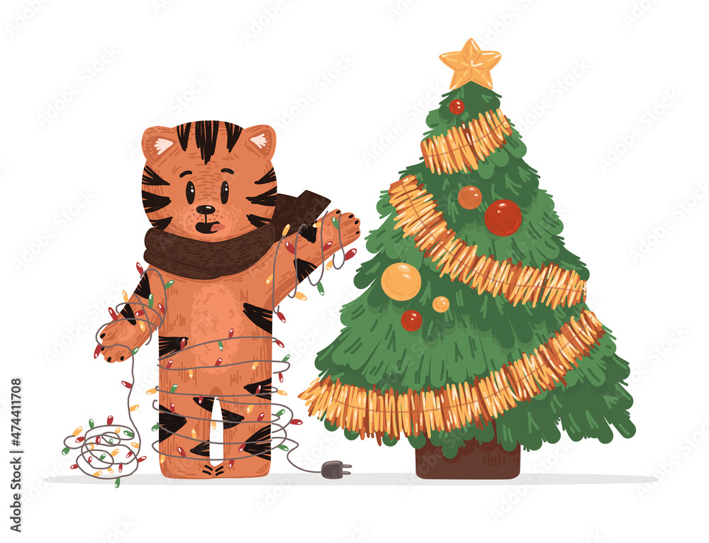 Fototapeta premium A cute tiger decorates the Christmas tree. The tiger is entangled in a garland. Christmas vector illustration. The symbol of the Chinese New Year 2022. Great for postcards and children's party decor.