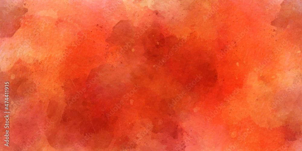 Hand drawn digital art watercolor background vector illustration with colorful brush strokes. Decorative orange and dark red watercolor paper texture painting. Vibrant paint pattern backdrop.
