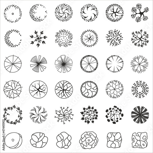 Trees for the master plan. Tree plans for architectural floor plans or landscape designs. Entourage design. Vector illustration. 	
