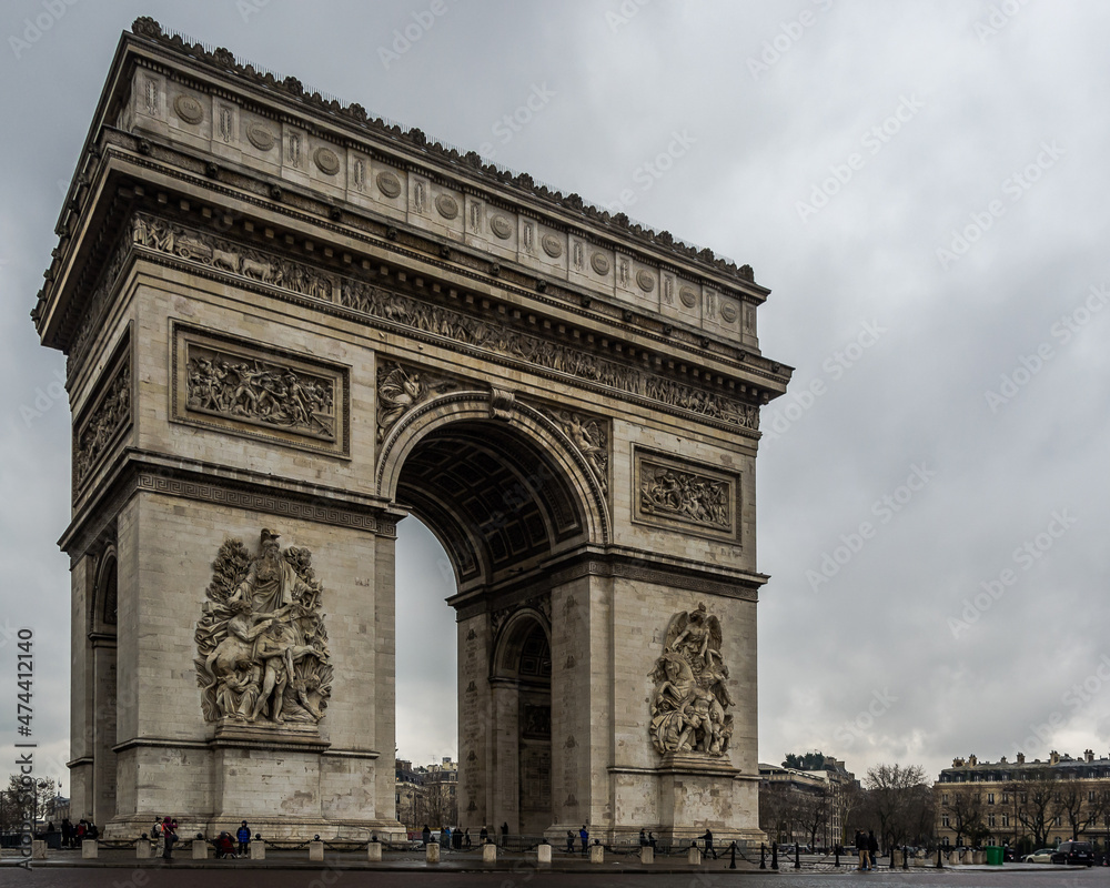 Cold winter’s day at the Arc de Triomphe de l'Étoile (Triumphal Arch of the Star), one of the most famous monuments in Paris, France, at the western end of the Champs-Élysées