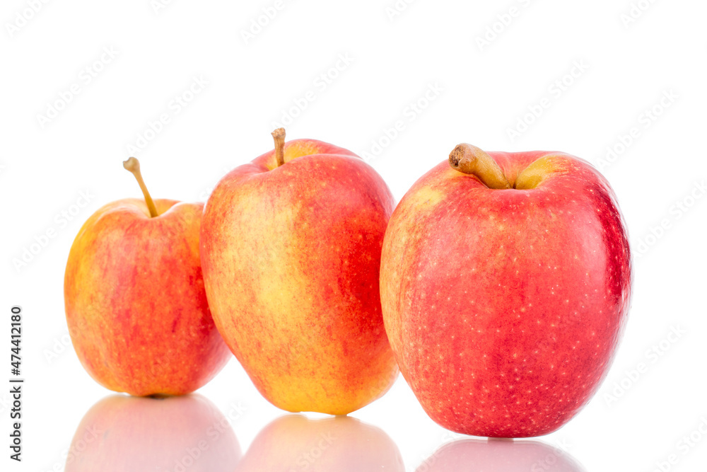 Three ripe juicy apples, close-up, isolated on white. Three ripe juicy apples, close-up, isolated on white.
