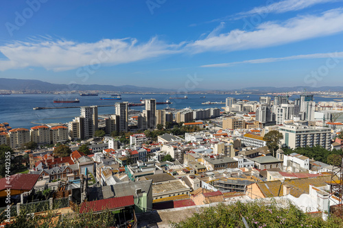 Fototapeta Naklejka Na Ścianę i Meble -  Scenic view of Gibraltar city and bay on southern part of Iberian Peninsula, Spain on the horizon.