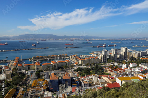 Scenic view of Gibraltar city and bay on southern part of Iberian Peninsula, Spain on the horizon.