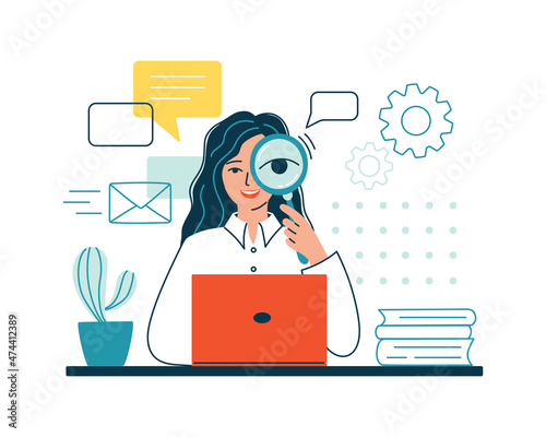 Woman hold a magnifying glass, look for information in database. Concept of quick easy document search, data organization in computer. Optimization of finding websites, files. Flat vector illustration