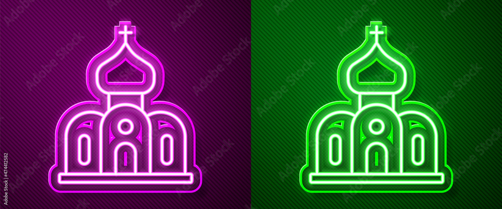 Glowing neon line Church building icon isolated on purple and green background. Christian Church. Religion of church. Vector Glowing neon line Church building icon isolated on purple and green background. Christian Church. Religion of church. Vector
