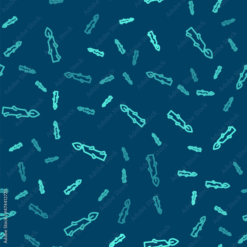 Green line Burning candle icon isolated seamless pattern on blue background. Cylindrical candle stick with burning flame. Vector Green line Burning candle icon isolated seamless pattern on blue background. Cylindrical candle stick with burning flame. Vector