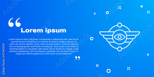 White line Egyptian symbol Winged sun icon isolated on blue background. Vector