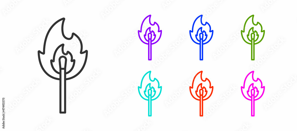 Black line Burning match with fire icon isolated on white background. Match with fire. Matches sign. Set icons colorful. Vector Black line Burning match with fire icon isolated on white background. Match with fire. Matches sign. Set icons colorful. Vector