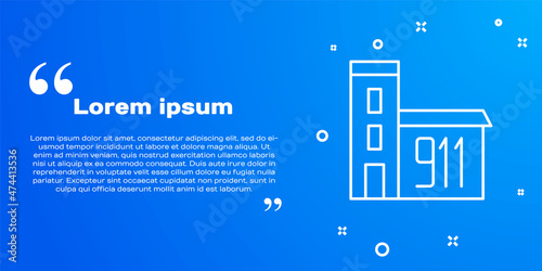 White line Building of fire station icon isolated on blue background. Fire department building. Vector