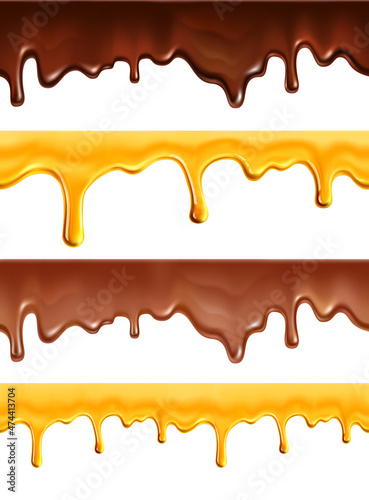 Melted chocolate and dripping honey seamless pattern isolated on white background. Vector illustration